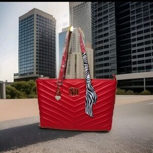Badgley Mischka V Quilted Tote Red with Gold Hardware & Zebra Scarf